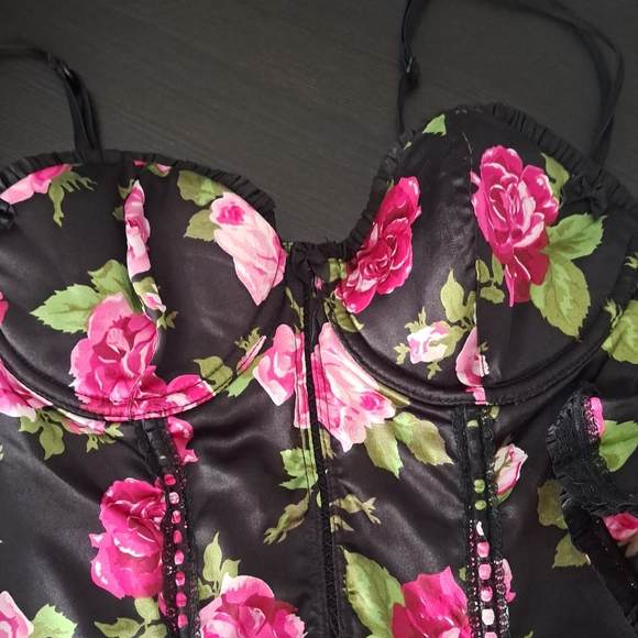 Pink Bustier Floral Corset Sheer Black Back Eye & Hook Top & Bottom Size 36B - Picture 5 of 6